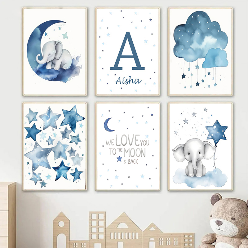 Baby Name Wall Art - Niebieski Księżyc i Gwiazdy Imię Dziecka