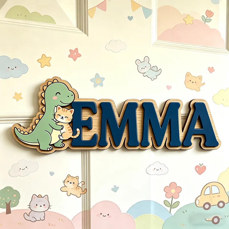 Baby Name Wall Art - Urocza tabliczka z imieniem z dinozaurem