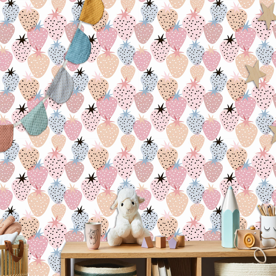 Baby Nursery Water - 12+ Urocza tapeta z truskawkowym wzorem