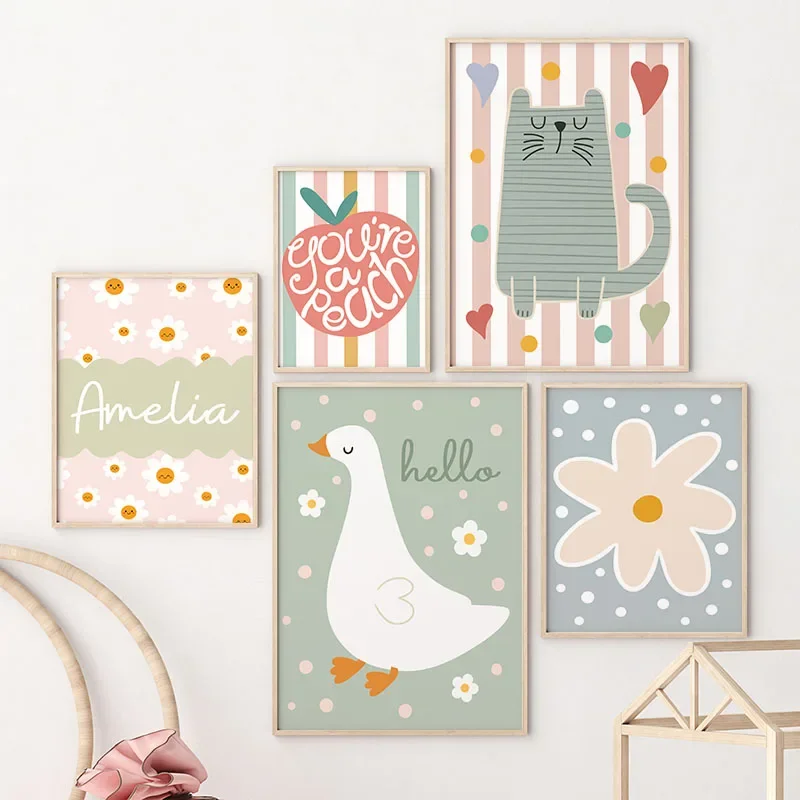 Baby Name Wall Art - Kreskówkowy Kot Kaczka Ptak Jabłko Personalizowane