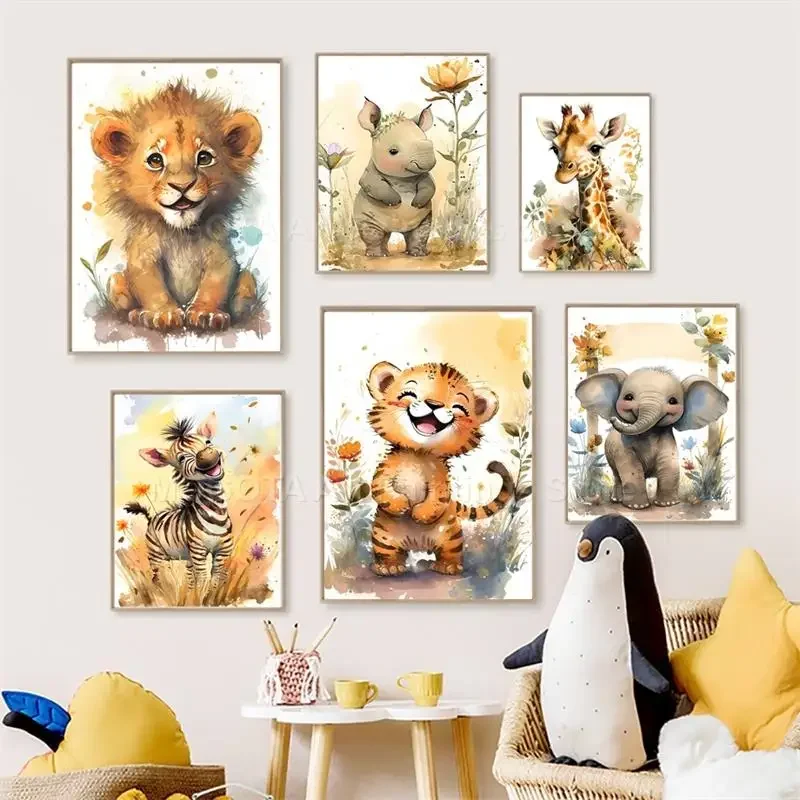 Baby Nursery Giraffe - Akwarelowe Lwy Żyrafy Tygrysy Słonie Zebry