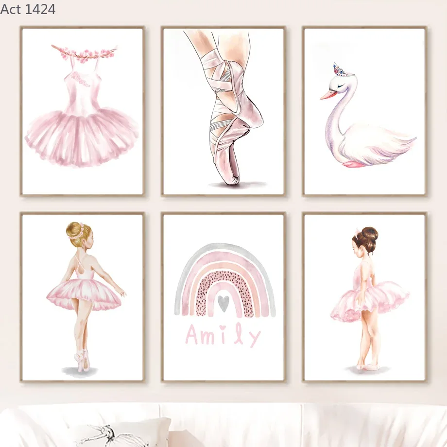 Baby Name Wall Art - Różowa Baletnica Łabędź Motyl Tęcza Imię