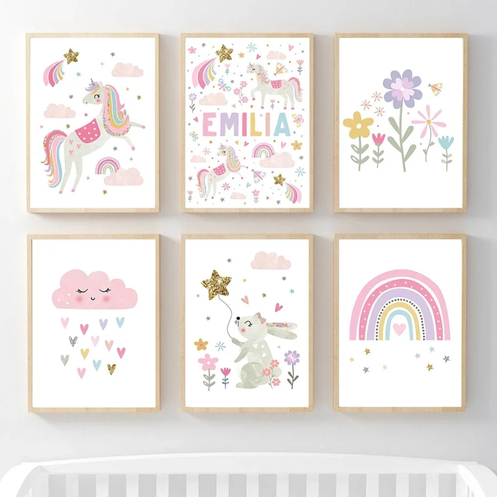 Baby Name Wall Art - Różowy Jednorożec Królik Tęcza Chmura Kwiaty