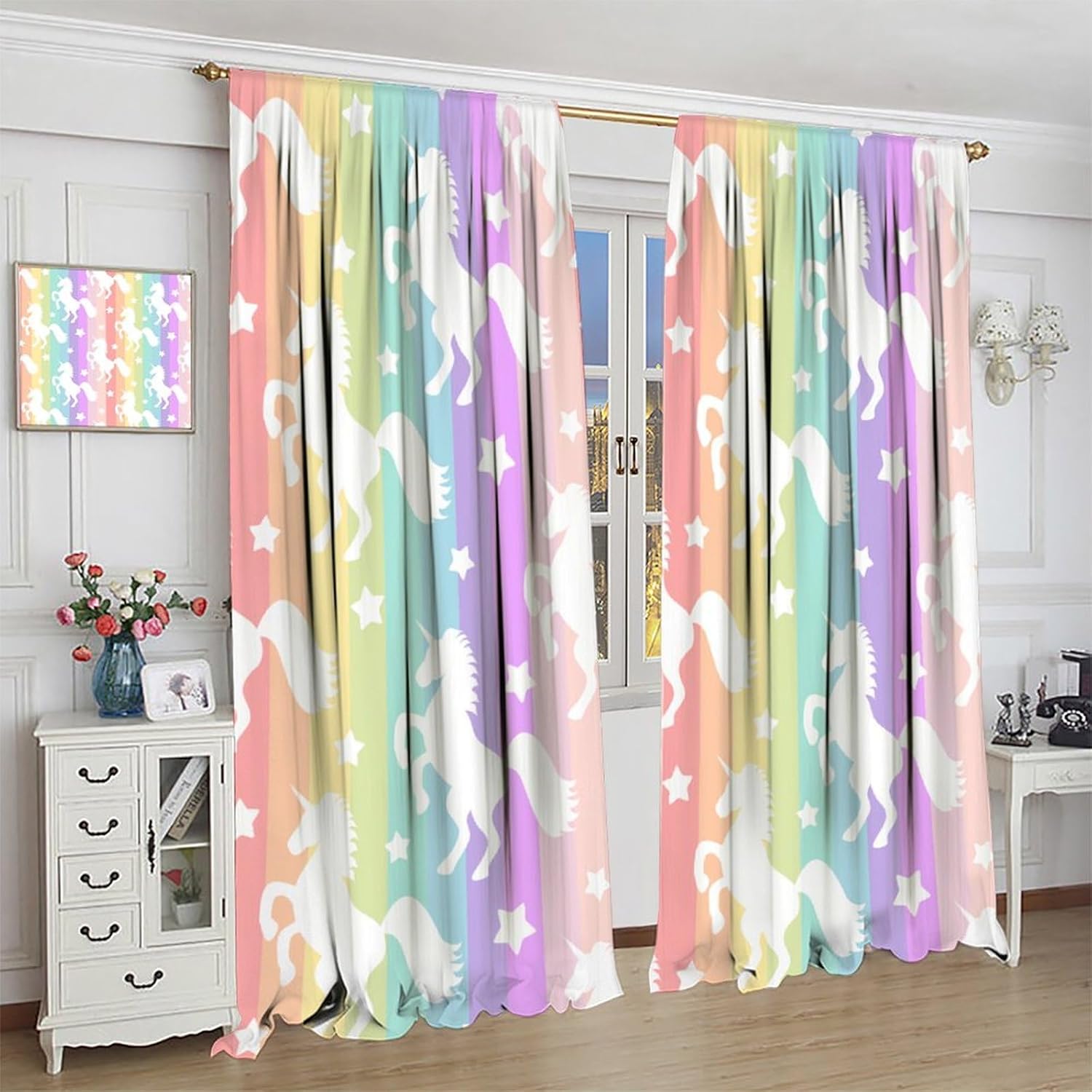 Blackout Curtain Nursery - Zasłony zaciemniające z motywem tęczowego jednorożca,