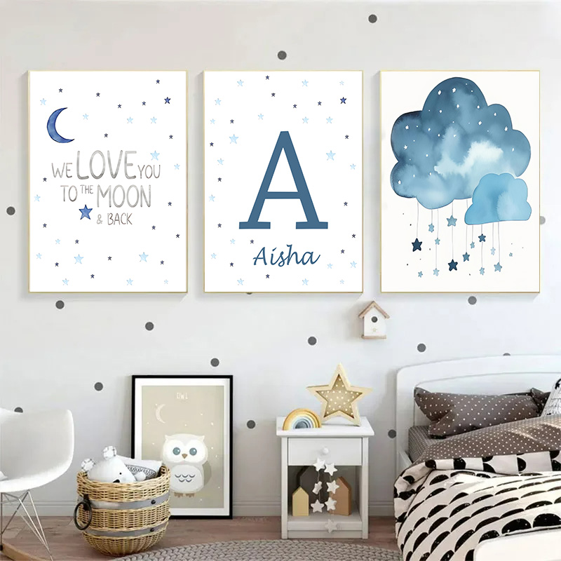 Niebieski Księżyc i Gwiazdy Im – Baby Name Wall Art recenzja i cena